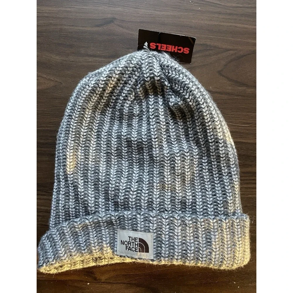 The North Face Logo Box Cuff Beanie Hat Grey Knit Beanie Fleece Inner
